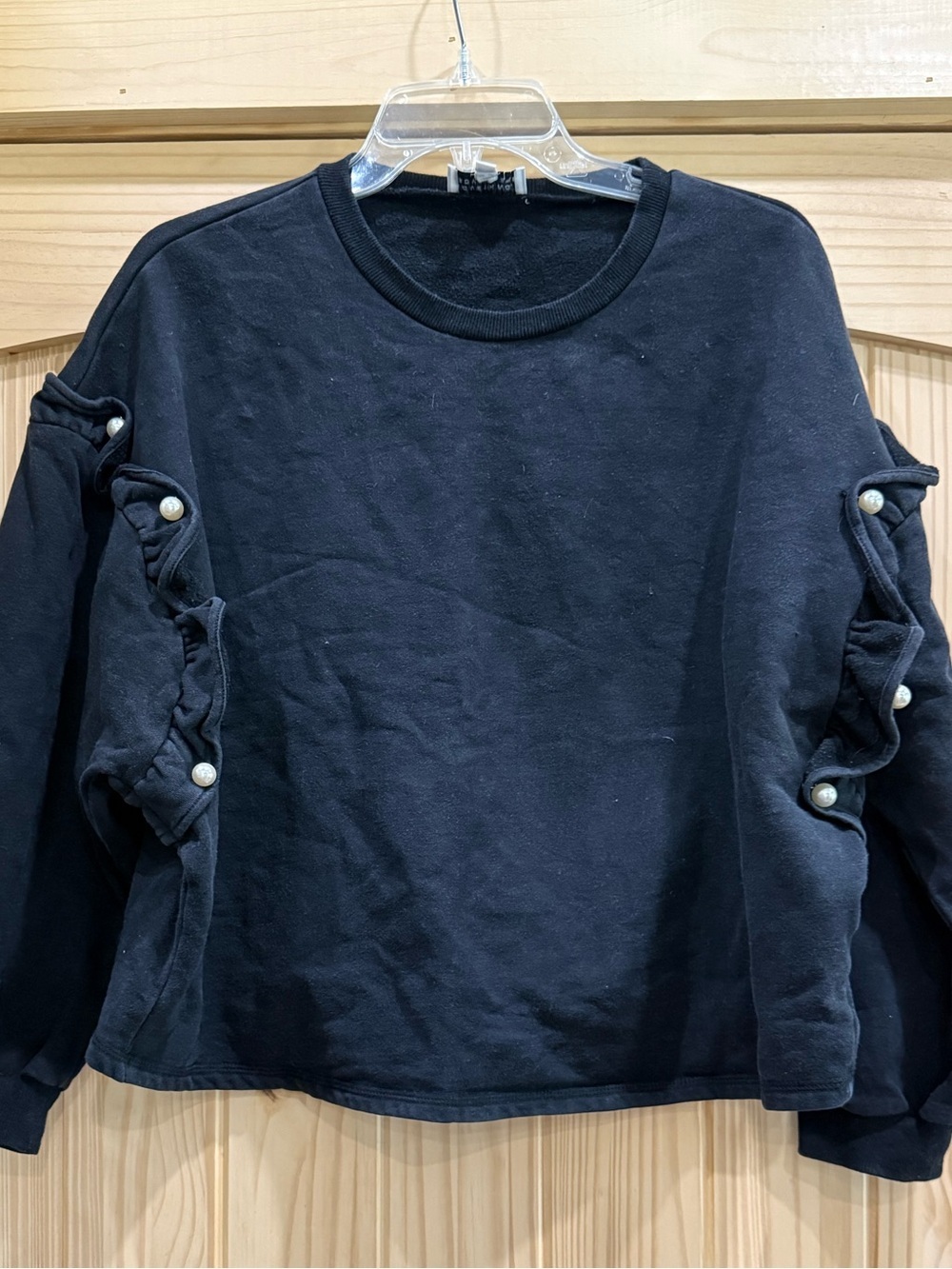 Something Somewhere Black Ruffle Pearl Embellished Sweatshirt Womens Medium